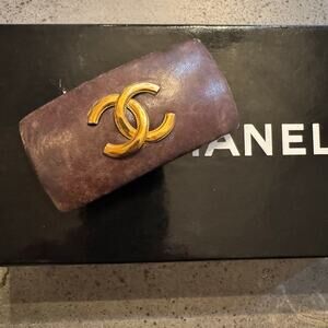 Chanel Vintage Extra Wide Brown Leather Barrette GHW 1980s